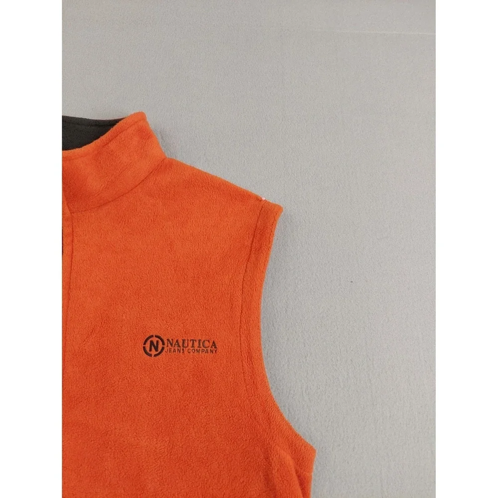 Nautica Men Vest XL Orange Fleece Zip Up Reversible Side Pockets Logo Outerwear